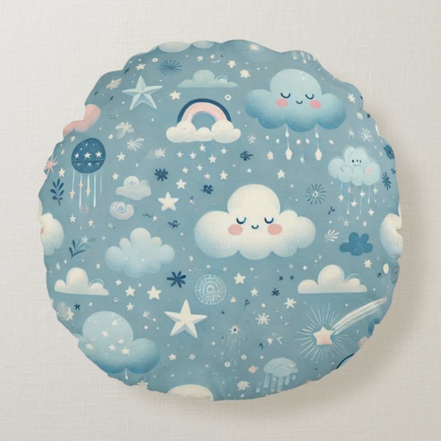 Whimsical Sky Pattern with Clouds, Stars - Blue Round Pillow (Front)