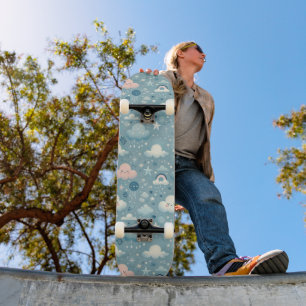 Whimsical Sky Pattern with Clouds, Stars - Blue Skateboard