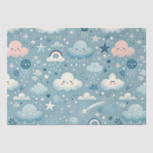 Whimsical Sky Pattern with Clouds, Stars - Blue Tissue Paper