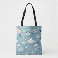 Whimsical Sky Pattern with Clouds, Stars - Blue