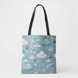 Whimsical Sky Pattern with Clouds, Stars - Blue Tote Bag