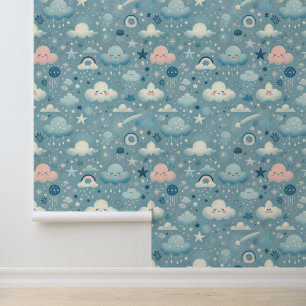Whimsical Sky Pattern with Clouds, Stars - Blue Wallpaper