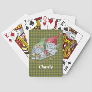 Whimsical Sledding Gnomes Personalized Playing Cards