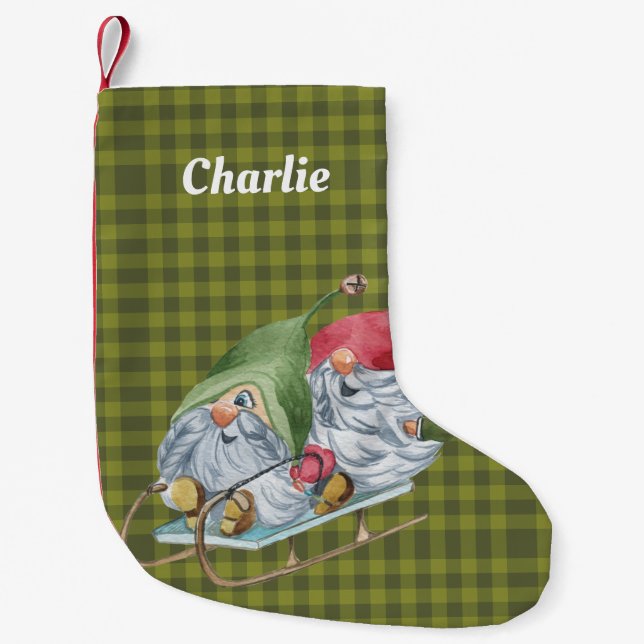 Whimsical Sledding Gnomes Personalized  Small Christmas Stocking (Front)