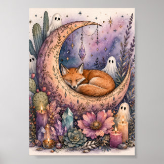 Whimsical Sleeping Fox Crescent Moon Cute Ghost Poster