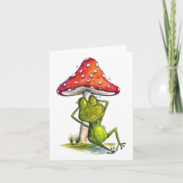 Whimsical Sleeping Frog Under a Mushroom Card (Front)