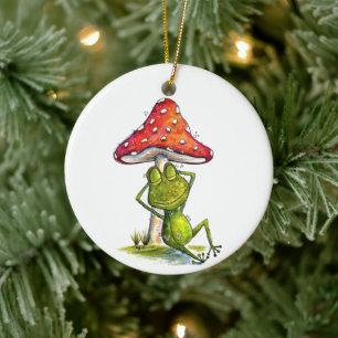 Whimsical Sleeping Frog Under a Mushroom Ceramic Ornament