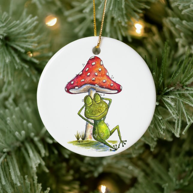 Whimsical Sleeping Frog Under a Mushroom Ceramic Ornament (Tree)