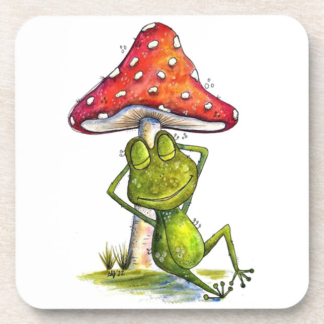 Whimsical Sleeping Frog Under a Mushroom Coaster (Front)