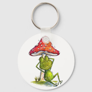 Whimsical Sleeping Frog Under a Mushroom Keychain