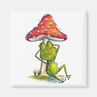 Whimsical Sleeping Frog Under a Mushroom Magnet