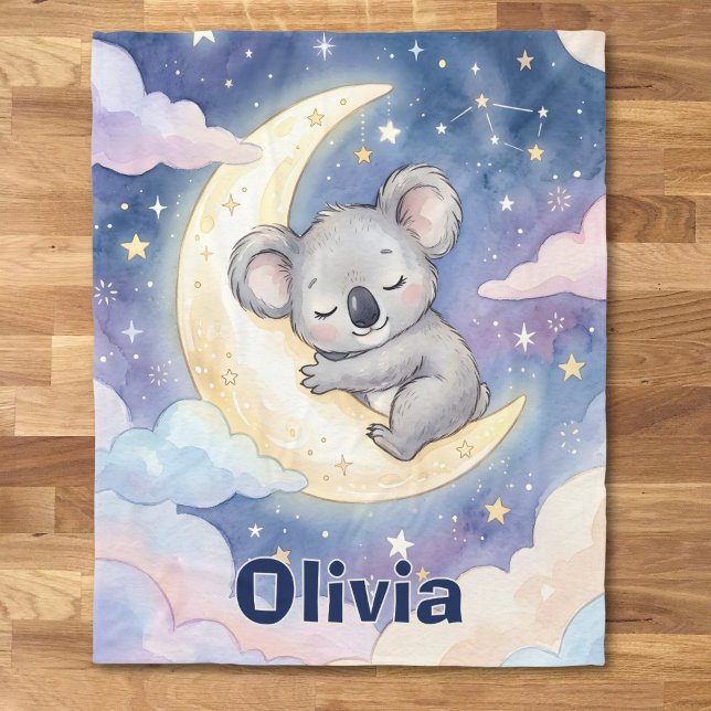 Whimsical Sleeping Koala Celestial Moon and Stars Fleece Blanket (Creator Uploaded)