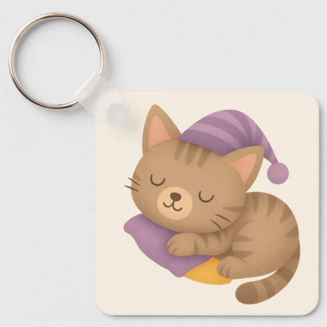 Whimsical sleepy kitty cat keychain (Front)