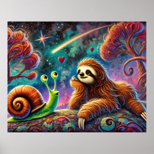 Whimsical Sloth and Snail Under Starry Cosmic Sky Poster