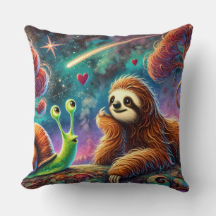 Whimsical Sloth and Snail Under Starry Cosmic Sky Throw Pillow