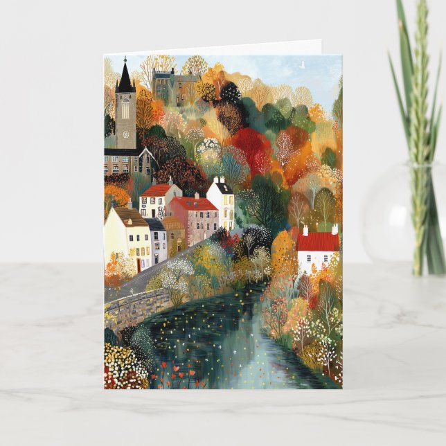Whimsical Small Town Autumn Scene Hello Greeting Card (Front)