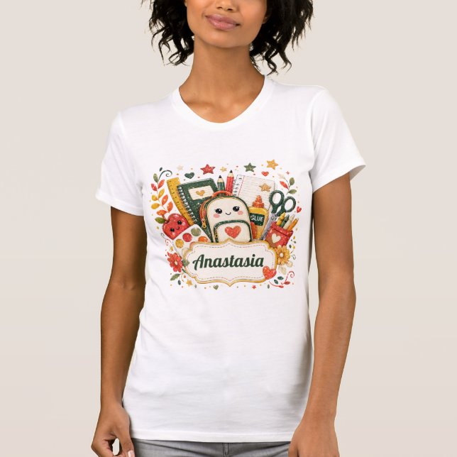 Whimsical Smiley Backpack & Apple Glitter School  T-Shirt (Front)