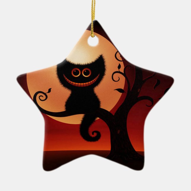 Whimsical Smiling Black Cat Ceramic Ornament (Front)