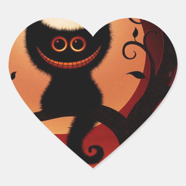 Whimsical Smiling Black Cat Heart Sticker (Front)