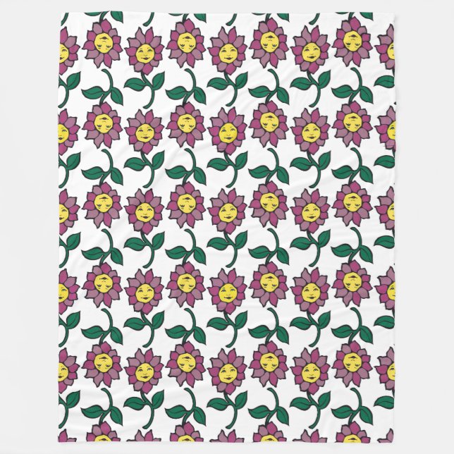 Whimsical Smiling Flower Face Pattern Fleece Blanket (Front)