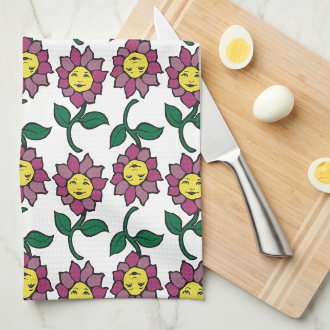 Whimsical Smiling Flower Face Pattern Kitchen Towel (Quarter Fold)
