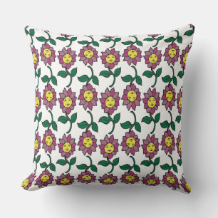 Whimsical Smiling Flower Face Pattern Throw Pillow