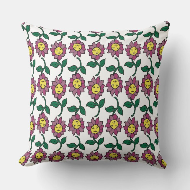 Whimsical Smiling Flower Face Pattern Throw Pillow (Front)