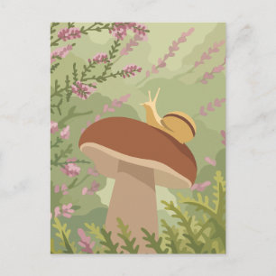 Whimsical Snail on a Wild Mushroom Forest Art Postcard