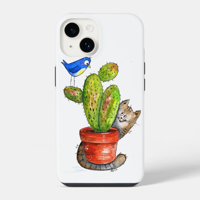 Whimsical Sneaky Cat with Cactus iPhone Case (Back)