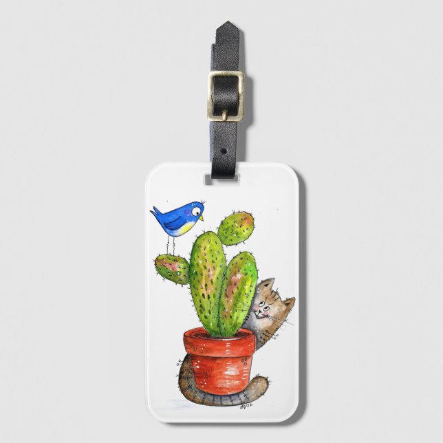 Whimsical Sneaky Cat with Cactus Luggage Tag (Front Vertical)