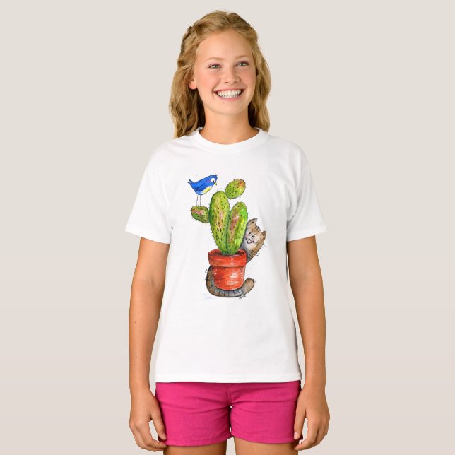 Whimsical Sneaky Cat with Cactus T-Shirt (Front Full)