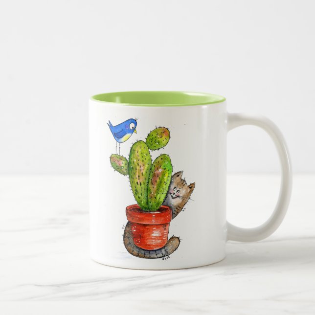 Whimsical Sneaky Cat with Cactus Two-Tone Coffee Mug (Right)