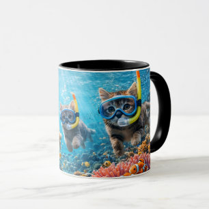 Whimsical snorkelling kittens underwater coral ree mug