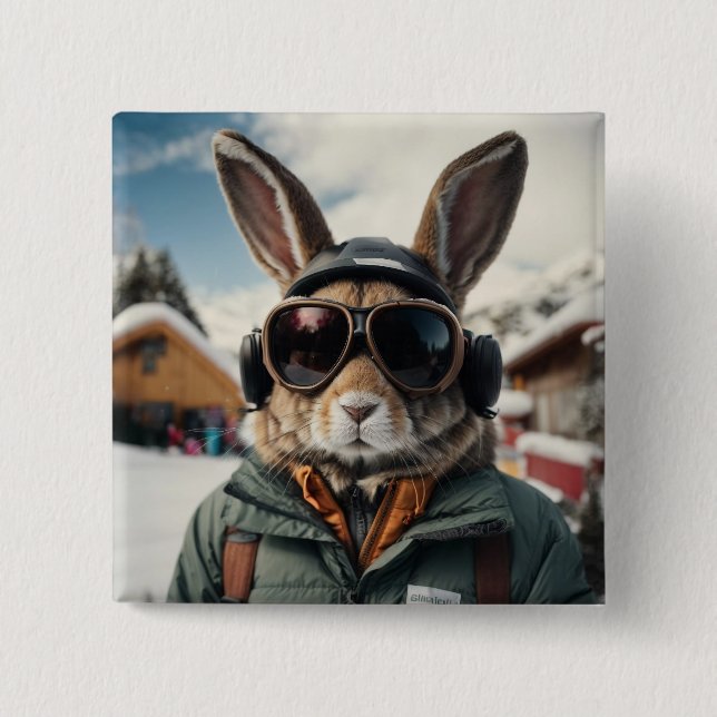Whimsical Snowboarding Bunny 2 Inch Square Button (Front)