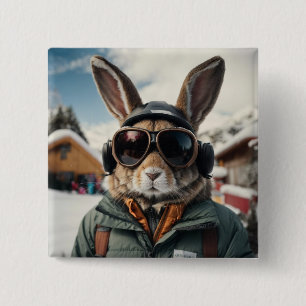 Whimsical Snowboarding Bunny 2 Inch Square Button