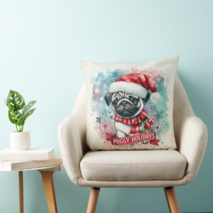 Whimsical Snowflake -,Charming Pug Dog Christmas Throw Pillow