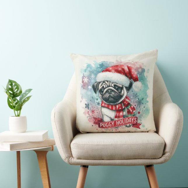 Whimsical Snowflake -,Charming Pug Dog Christmas Throw Pillow (Chair)