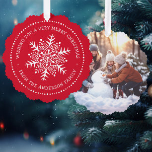 Whimsical snowflake dot border red ornament card