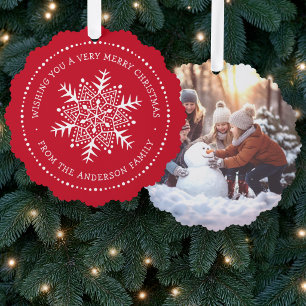Whimsical snowflake dot border red ornament card