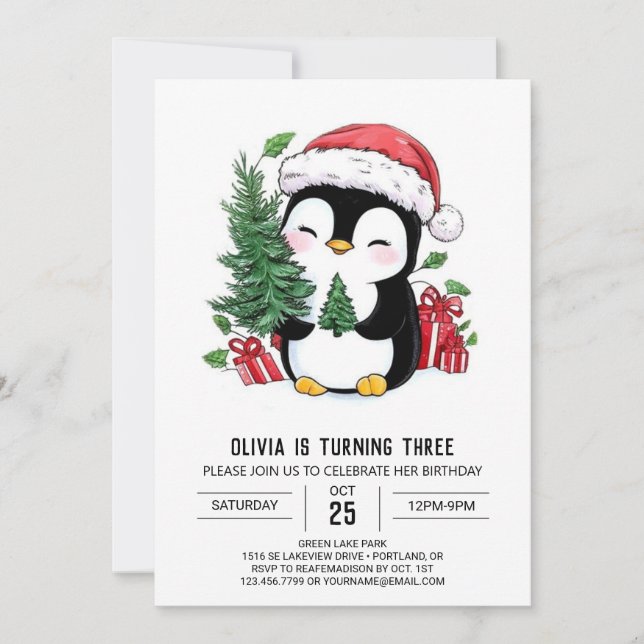 Whimsical Snowflake Penguin Digital Birthday Invitation (Front)