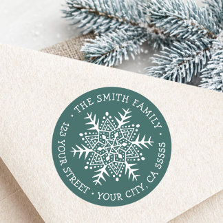 Whimsical snowflake pine green return address classic round sticker