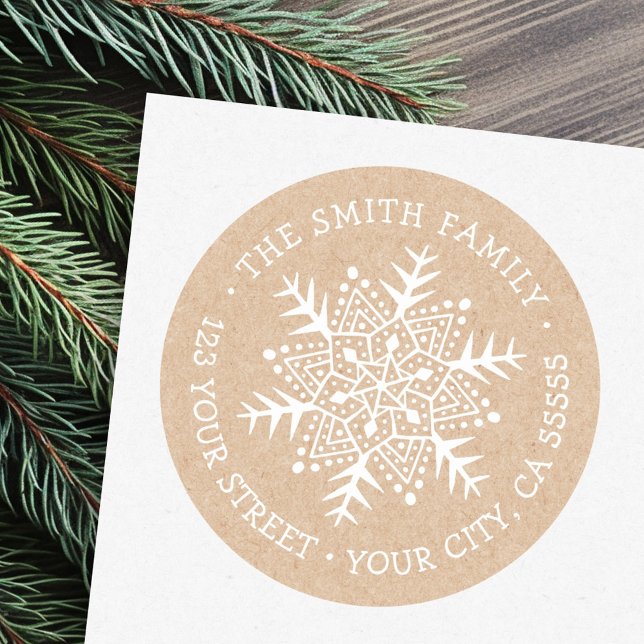 Whimsical snowflakeKraft look return address Classic Round Sticker (Whimsical snowflake Kraft look return address Classic Round Sticker)