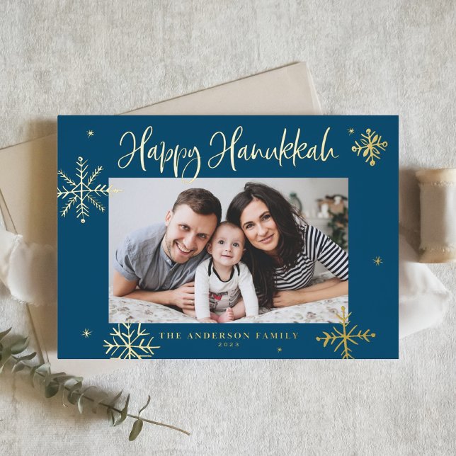 Whimsical Snowflakes Blue Happy Hanukkah Photo Foil Holiday Postcard (Creator Uploaded)