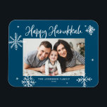 Whimsical Snowflakes Blue Happy Hanukkah Photo Magnet<br><div class="desc">Happy Hanukkah! Send warm wishes to family and friends with this whimsical Hanukkah magnet. It features whimsical snowflakes and modern calligraphy. Personalize this photo Hanukkah card by adding your details. This snowflake Hanukkah photo magnet is available in other colours and cardstock.</div>