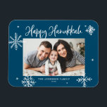 Whimsical Snowflakes Blue Happy Hanukkah Photo Magnet<br><div class="desc">Happy Hanukkah! Send warm wishes to family and friends with this whimsical Hanukkah magnet. It features whimsical snowflakes and modern calligraphy. Personalize this photo Hanukkah card by adding your details. This snowflake Hanukkah photo magnet is available in other colours and cardstock.</div>