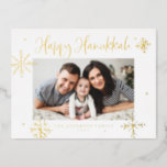 Whimsical Snowflakes Happy Hanukkah Photo Foil Holiday Postcard<br><div class="desc">Happy Hanukkah! Send warm wishes to family and friend with this gold foil Hanukkah postcard. It featrures whimsical snowflakes and modern calligraphy. Personalize this photo Hanukkah postcard by adding your own details. This snowflakes Hanukkah photo postcard is avialable in other colours and cardstock.</div>