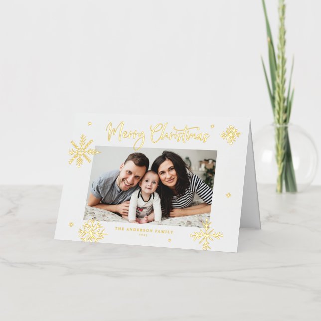 Whimsical Snowflakes Merry Christmas Photo Foil Holiday Card (Front)