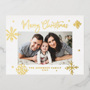 Whimsical Snowflakes Merry Christmas Photo Foil Holiday Postcard