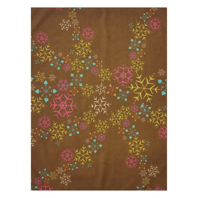 Whimsical Snowflakes on Brown Tablecloth (Front)