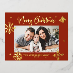 Whimsical Snowflakes Red Merry Christmas Photo Foil Holiday Postcard